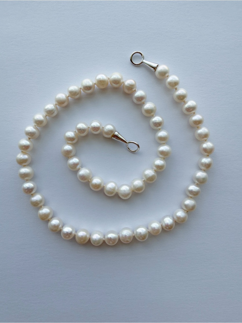 Silk Knotted Pearl Necklace 925 Silver Loops